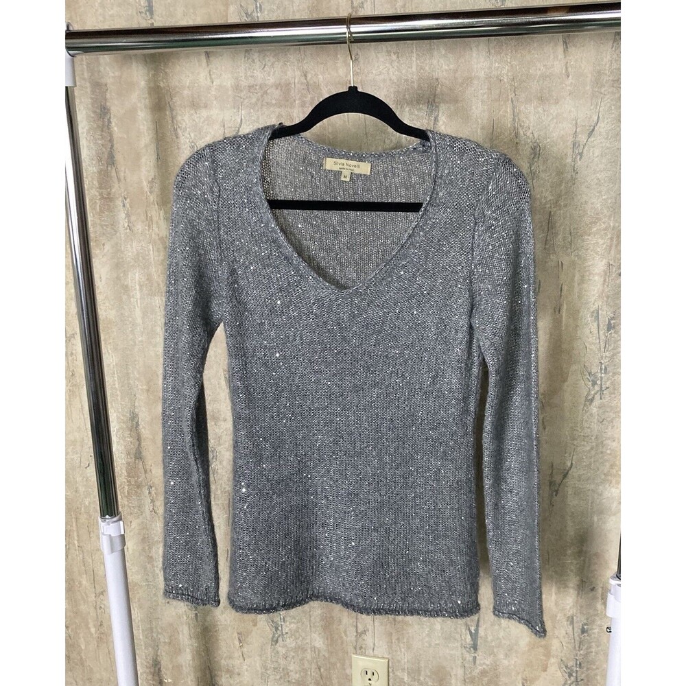 Sylvia Novelli Sz Medium Fuzzy Light Gray Sweater Mohair Sequin Made in Italy